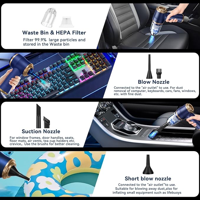 Handheld Car Vacuum Cleaner, Portable Cordless Mini Vacuums with Multi-Nozzles, High Power Dry Hand held Vacuum for Car
