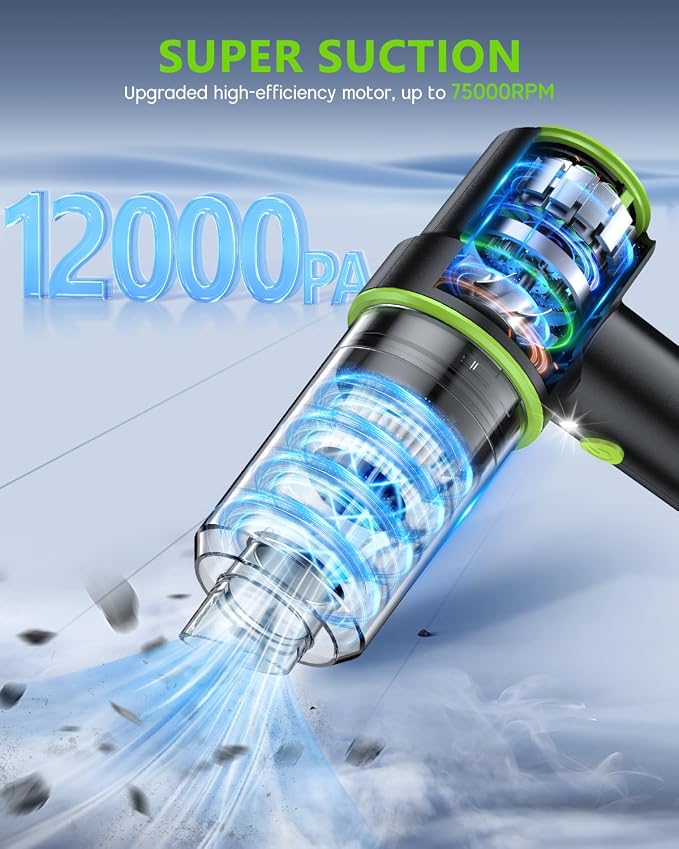 Handheld Car Vacuum Portable Cordless 12000PA, 2 in 1 Handheld Vacuum Cleaner and Air Duster with Multi-Nozzles and LED