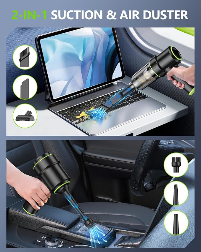 Handheld Car Vacuum Portable Cordless 12000PA, 2 in 1 Handheld Vacuum Cleaner and Air Duster with Multi-Nozzles and LED
