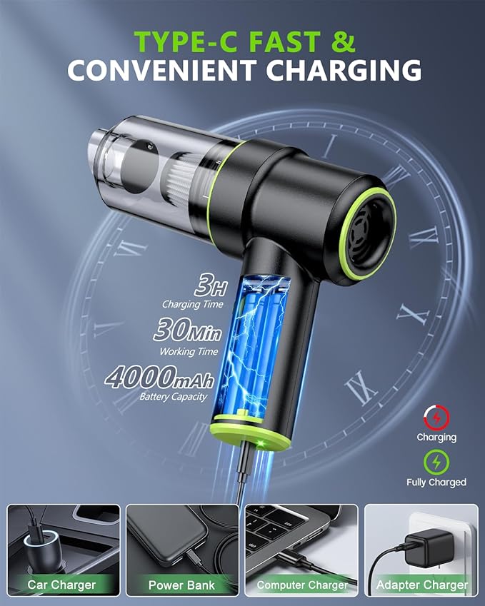 Handheld Car Vacuum Portable Cordless 12000PA, 2 in 1 Handheld Vacuum Cleaner and Air Duster with Multi-Nozzles and LED