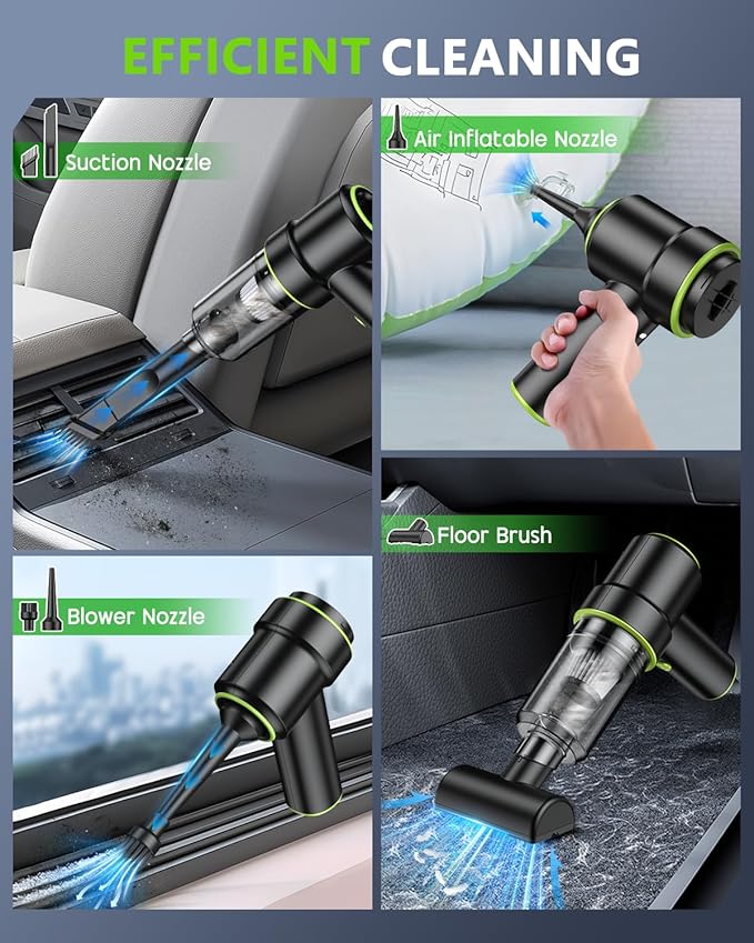 Handheld Car Vacuum Portable Cordless 12000PA, 2 in 1 Handheld Vacuum Cleaner and Air Duster with Multi-Nozzles and LED