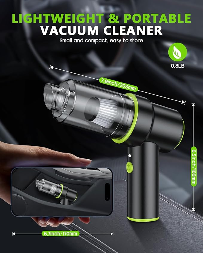 Handheld Car Vacuum Portable Cordless 12000PA, 2 in 1 Handheld Vacuum Cleaner and Air Duster with Multi-Nozzles and LED