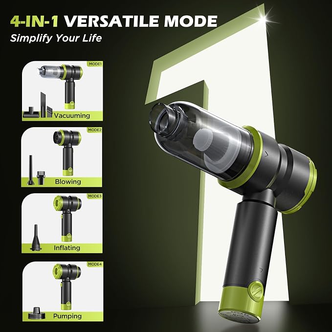 Handheld Car Vacuum with 15000PA Power, 4 in 1 Powerful Cordless Vacuum Cleaner & Air Duster with 2000mAh Battery