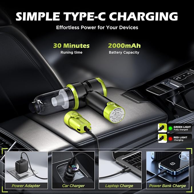 Handheld Car Vacuum with 15000PA Power, 4 in 1 Powerful Cordless Vacuum Cleaner & Air Duster with 2000mAh Battery