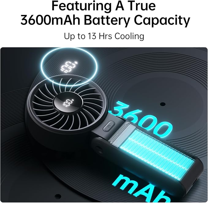 Handheld Fan Life7 – Ultimate Flexibility: High-Power Motor, LED Display, 13 Hrs Cooling, 3600mAh Rechargeable, 5-Speed