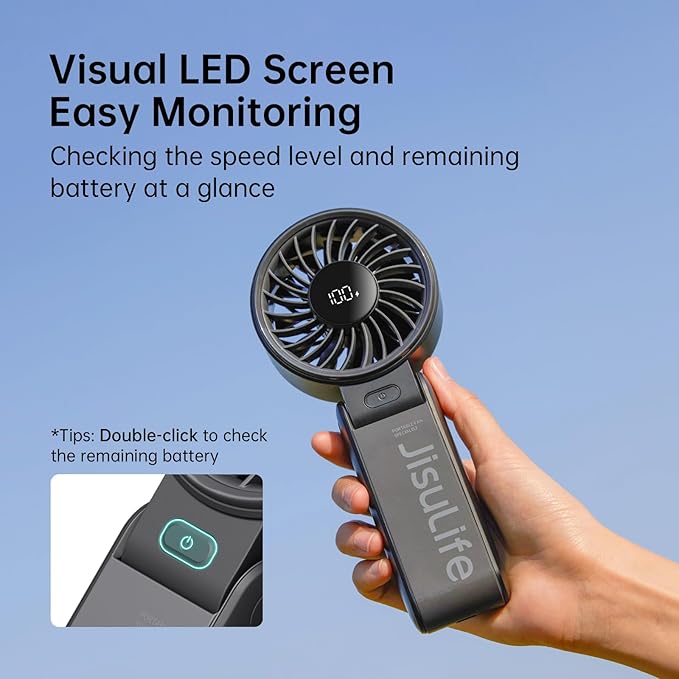 Handheld Fan Life7 – Ultimate Flexibility: High-Power Motor, LED Display, 13 Hrs Cooling, 3600mAh Rechargeable, 5-Speed