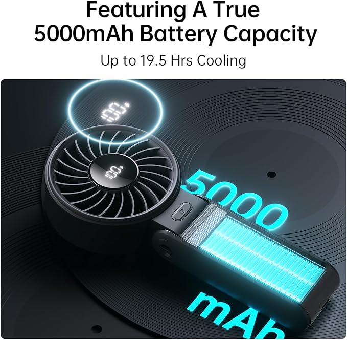 Handheld Fan Life7 – Ultimate Flexibility: High-Power Motor, LED Display, 19.5 Hrs Cooling, 5000mAh Rechargeable, 5-Speed