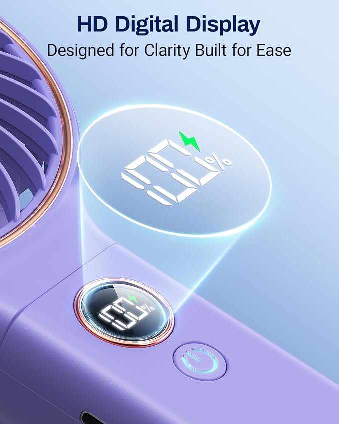 Handheld Fan, Portable Fan, 5000mAh Rechargeable Battery, 6 Speed Wind, LED Display, Personal Mini Travel Fan with Backup