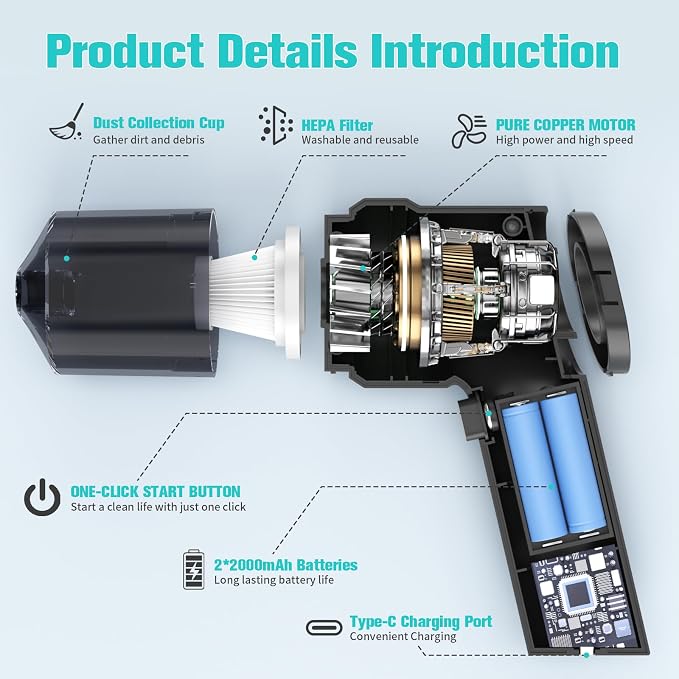 Handheld Mini Car Vacuum, 10000PA Cordless Portable Vacuum with 2000mAh Battery, alternate product view 3