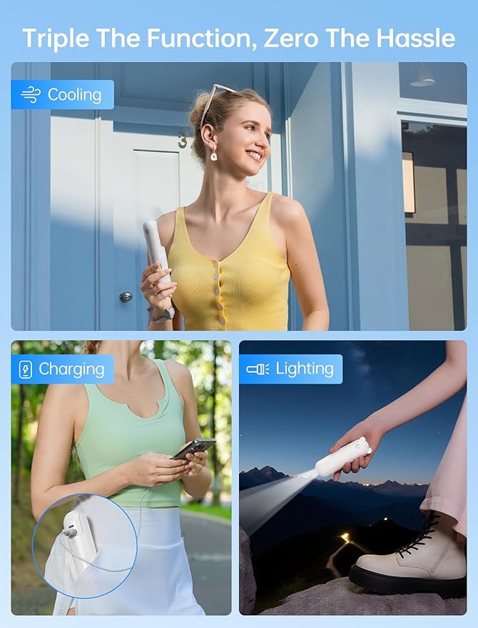 Handheld Mini Fan, 3 IN 1 USB Rechargeable Portable Fan [12-19 Working Hours] with Power Bank, Flashlight, Pocket Design for