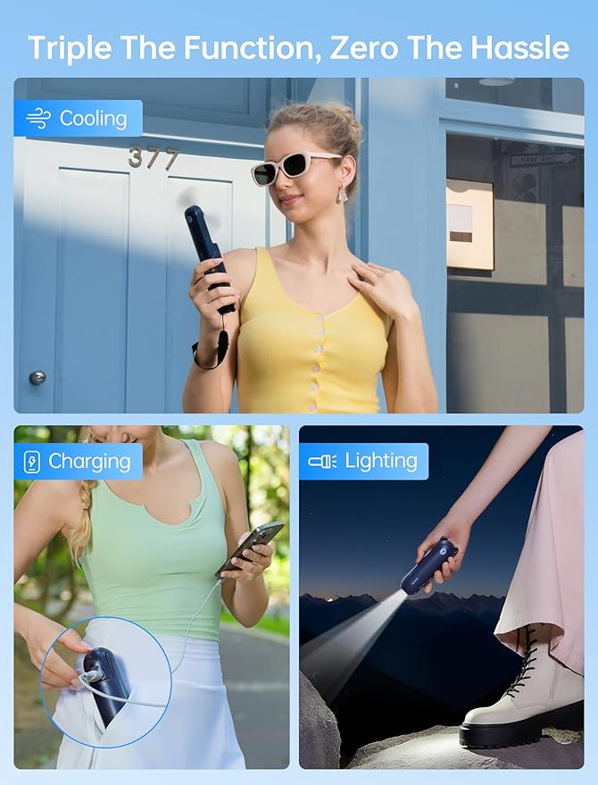 Handheld Mini Fan, 3 IN 1 USB Rechargeable Portable Fan [12-19 Working Hours] with Power Bank, Flashlight, Pocket Design for