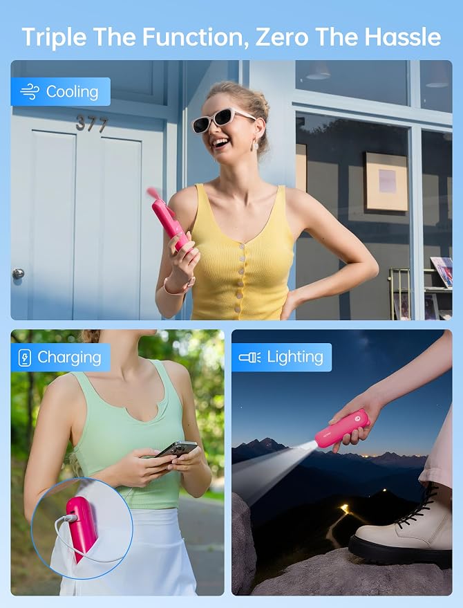 Handheld Mini Fan, 3 IN 1 USB Rechargeable Portable Fan [12-19 Working Hours] with Power Bank, Flashlight, Pocket Design for