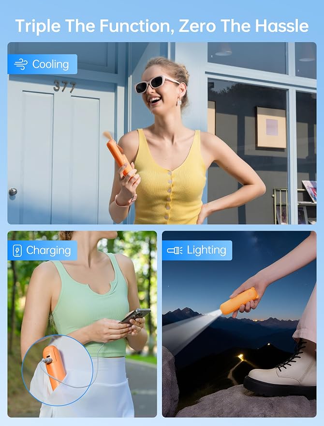 Handheld Mini Fan, 3 IN 1 USB Rechargeable Portable Fan [12-19 Working Hours] with Power Bank, Flashlight, Pocket Design for