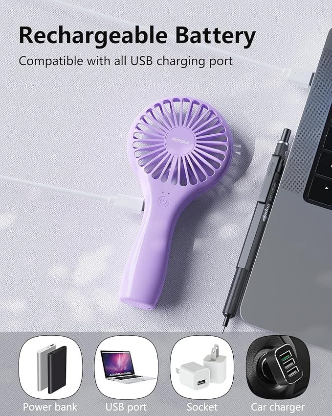 Handheld Mini Portable Fan, Personal Battery Travel Fan for Outdoor Trips Wedding Hot Flashes, Rechargeable & USB Powered