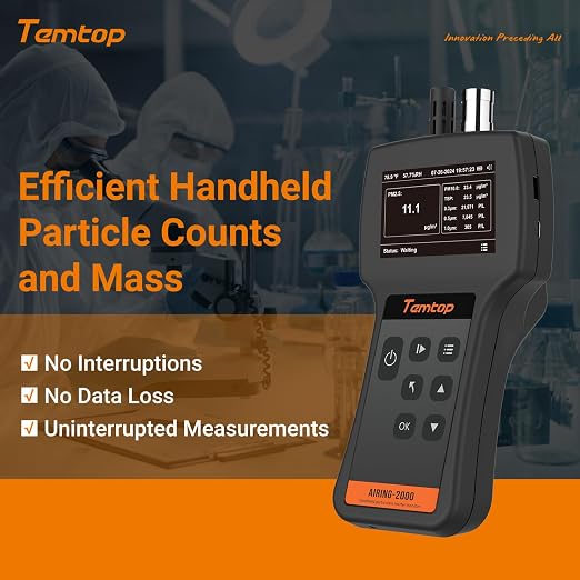 Handheld Particle Counter 0.3μm 0.5μm 1.0μm – Air Quality Monitor for PM2.5 PM10 TSP, Temperature & Humidity, 32GB Data