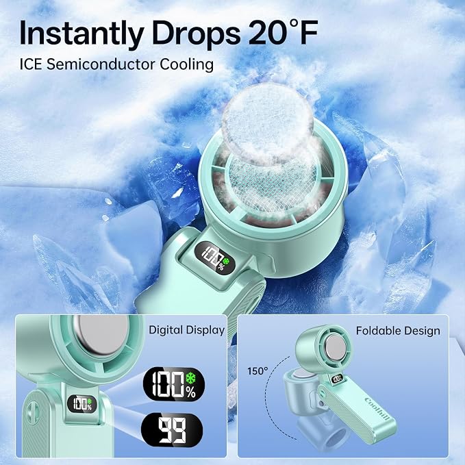 Handheld Portable Fan with Ice Cooler: 100-Speed 5500mAh Rechargeable Handheld Fan, 12H Time Hand Cooling Personal Fans with