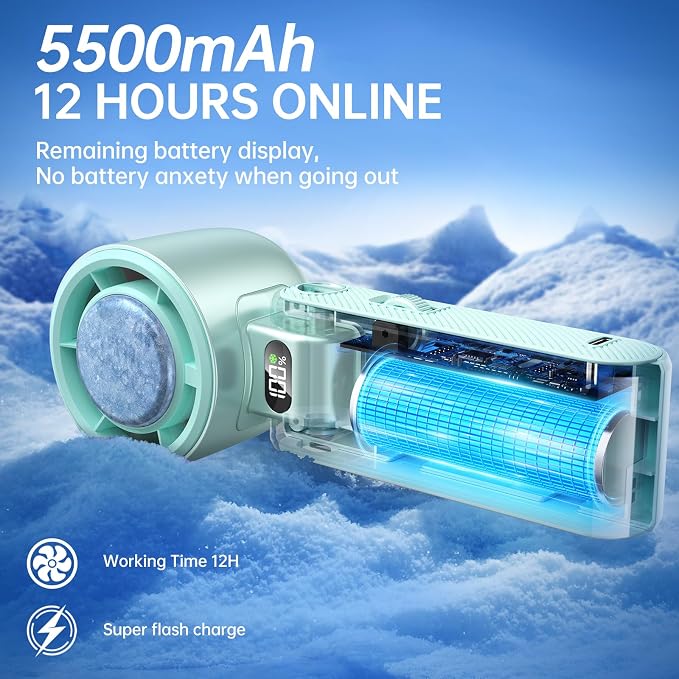 Handheld Portable Fan with Ice Cooler: 100-Speed 5500mAh Rechargeable Handheld Fan, 12H Time Hand Cooling Personal Fans with