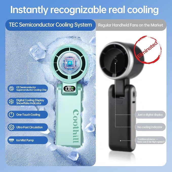 Handheld Portable Fan with Ice Cooler: 100-Speed 5500mAh Rechargeable Handheld Fan, 12H Time Hand Cooling Personal Fans with