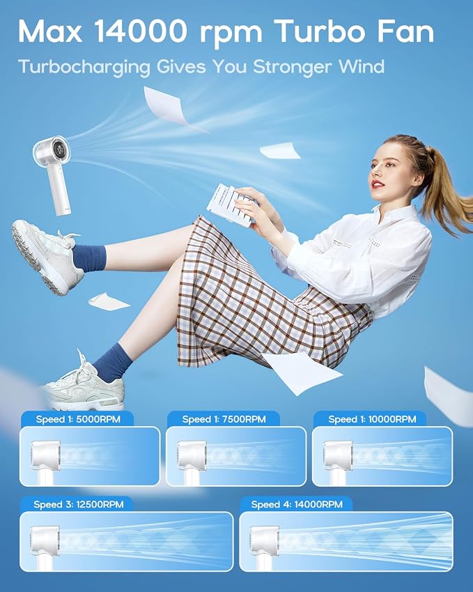 Handheld Turbo Fan, 5 Gear Wind, Battery Operated, Up to 19 Working Hours, 3 IN 1 Hand Fan with Air Turbo Tech Cooling Fan