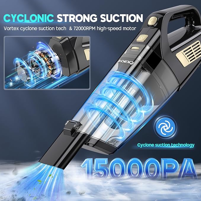Handheld Vacuum Cordless, 15000PA Strong Suction Hand Held Car Vacuum Cleaner Portable with Multi-Nozzles & Washable Filter