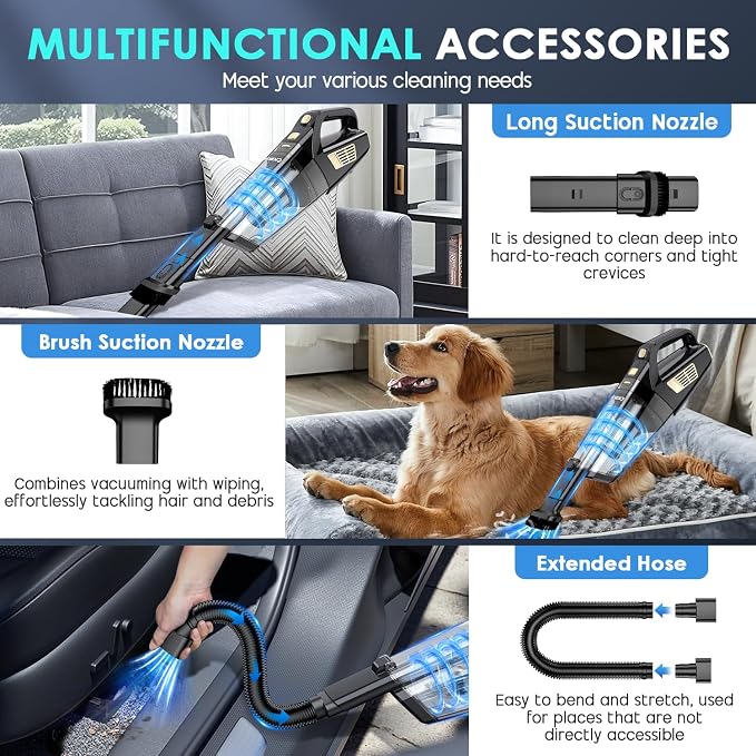 Handheld Vacuum Cordless, 15000PA Strong Suction Hand Held Car Vacuum Cleaner Portable with Multi-Nozzles & Washable Filter