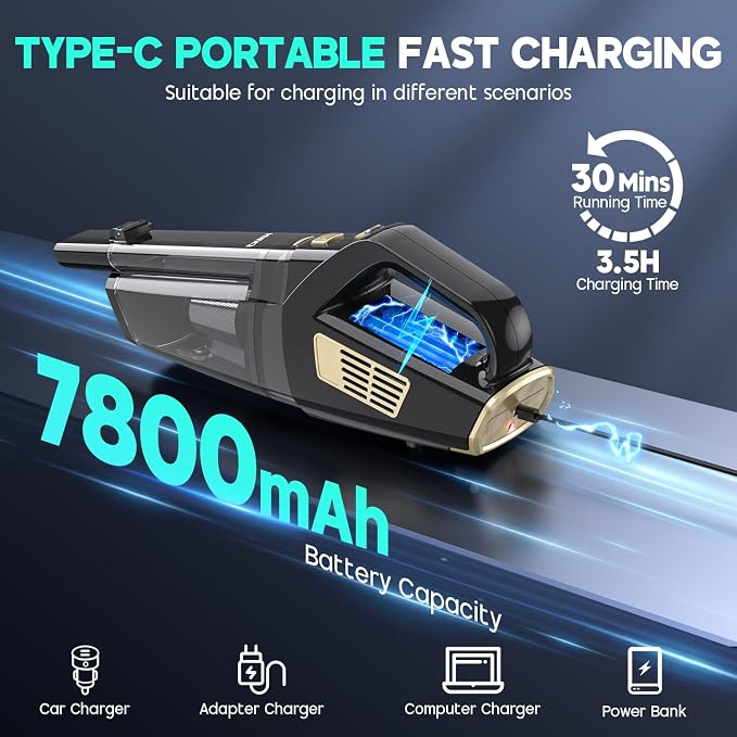 Handheld Vacuum Cordless, 15000PA Strong Suction Hand Held Car Vacuum Cleaner Portable with Multi-Nozzles & Washable Filter