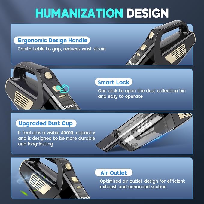 Handheld Vacuum Cordless, 15000PA Strong Suction Hand Held Car Vacuum Cleaner Portable with Multi-Nozzles & Washable Filter