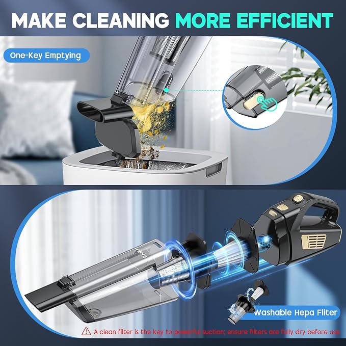 Handheld Vacuum Cordless, 15000PA Strong Suction Hand Held Car Vacuum Cleaner Portable with Multi-Nozzles & Washable Filter