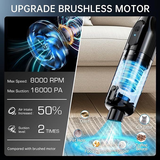 Handheld Vacuum Cordless, 16000Pa Powerful Suction, Lightweight at 1.3 lbs, Type-C Charge, Multiple Accessories, alternate