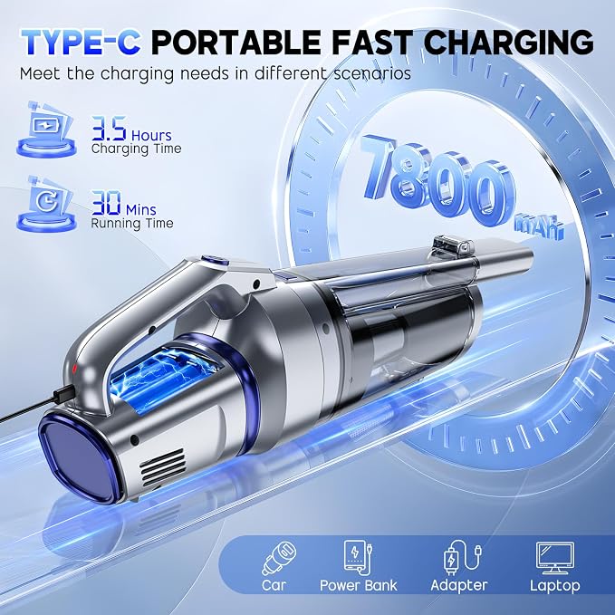 Handheld Vacuum Cordless, 16000PA Strong Suction Hand Held Car Vacuum Cleaner, Portable Hand Vacuum Rechargeable, alternate