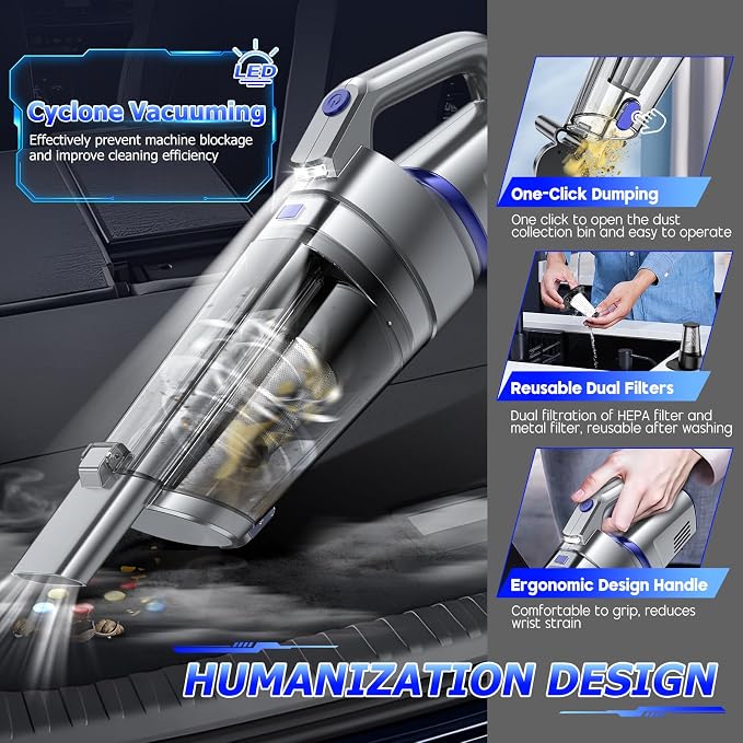 Handheld Vacuum Cordless, 16000PA Strong Suction Hand Held Car Vacuum Cleaner, Portable Hand Vacuum Rechargeable, alternate