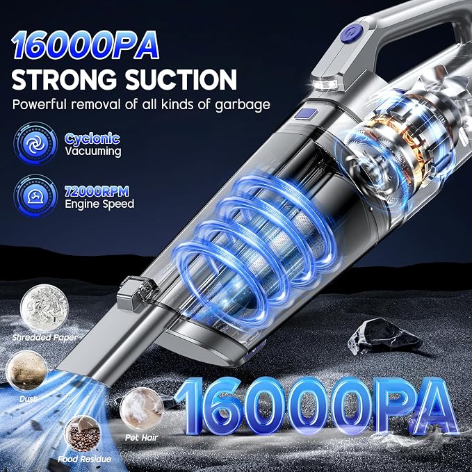 Handheld Vacuum Cordless, 16000PA Strong Suction Hand Held Car Vacuum Cleaner, Portable Hand Vacuum Rechargeable, alternate