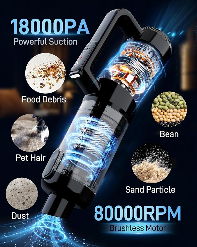 Handheld Vacuum Cordless, 18000PA Strong Suction Car Vacuum Cleaner Portable with Brushless Motor & LED Light, Hand Vacuum