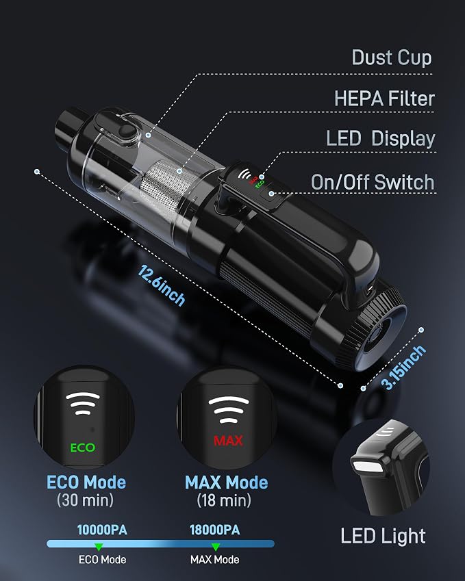 Handheld Vacuum Cordless, 18000PA Strong Suction Car Vacuum Cleaner Portable with Brushless Motor & LED Light, Hand Vacuum