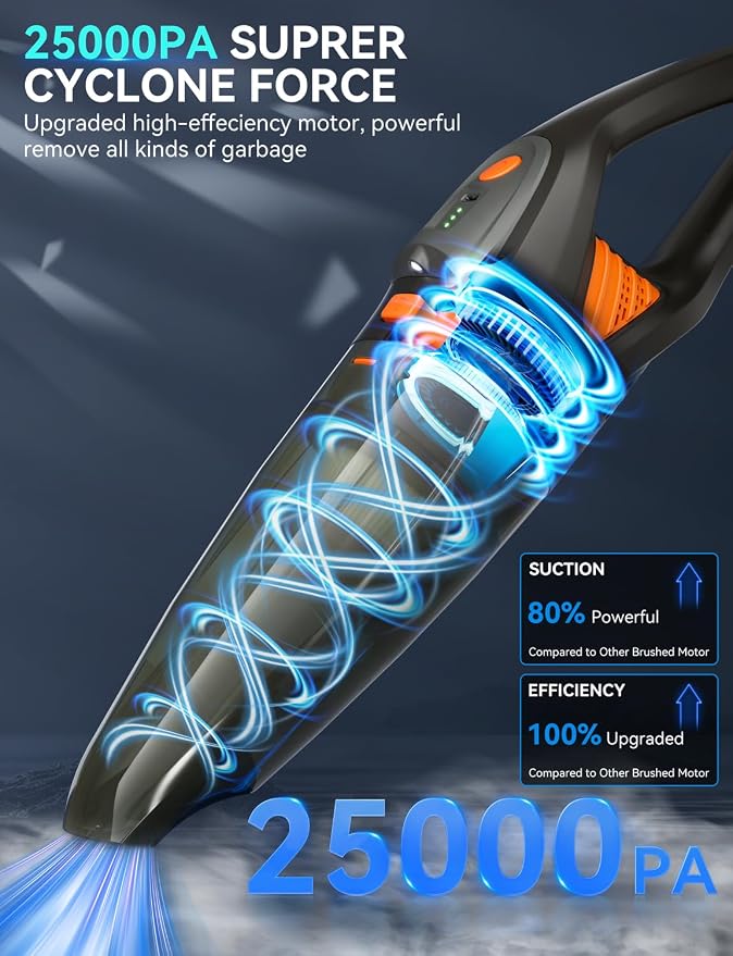 Handheld Vacuum Cordless - 25000PA Strong Suction Hand Held Car Vacuum Cleaner Portable with Multi-Nozzles - Lightweight Dust
