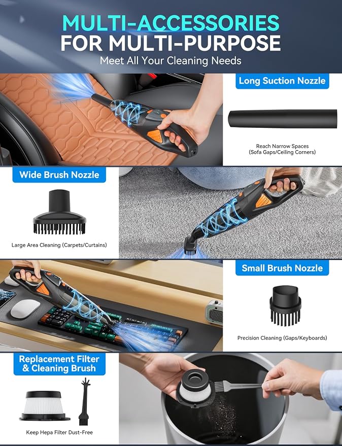 Handheld Vacuum Cordless - 25000PA Strong Suction Hand Held Car Vacuum Cleaner Portable with Multi-Nozzles - Lightweight Dust