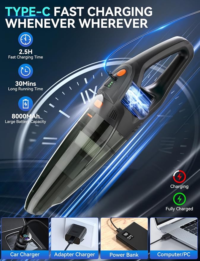 Handheld Vacuum Cordless - 25000PA Strong Suction Hand Held Car Vacuum Cleaner Portable with Multi-Nozzles - Lightweight Dust