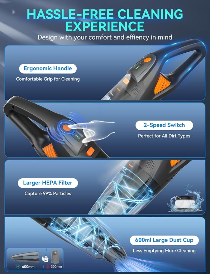 Handheld Vacuum Cordless - 25000PA Strong Suction Hand Held Car Vacuum Cleaner Portable with Multi-Nozzles - Lightweight Dust