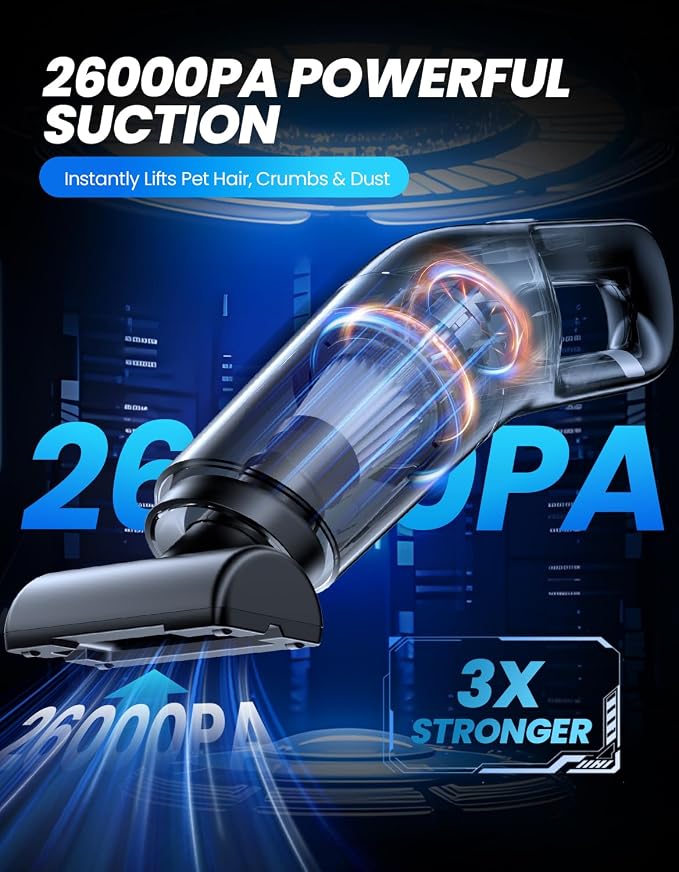 Handheld Vacuum Cordless, 26,000 Pa High Power Suction, Portable Rechargeable Car Vacuum Cleaner for Home, Office, Pet Hair