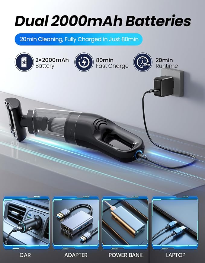 Handheld Vacuum Cordless, 26,000 Pa High Power Suction, Portable Rechargeable Car Vacuum Cleaner for Home, Office, Pet Hair
