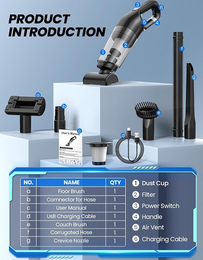 Handheld Vacuum Cordless, 26,000 Pa High Power Suction, Portable Rechargeable Car Vacuum Cleaner for Home, Office, Pet Hair
