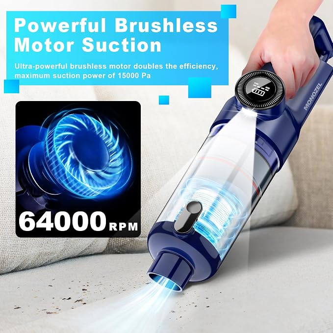 Handheld Vacuum Cordless - Car Vacuum Cleaner with Brushless Motor, 15kPa Powerful Suction Vacuum with LED Light, Type C