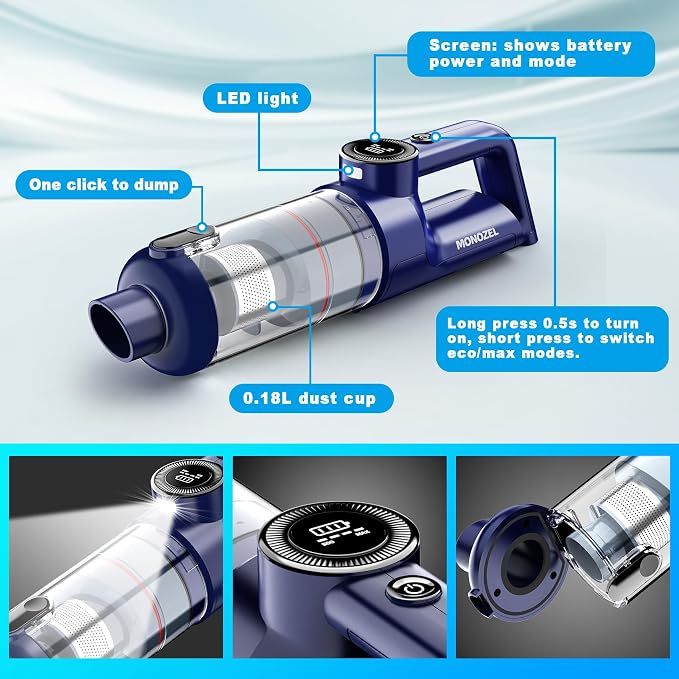 Handheld Vacuum Cordless - Car Vacuum Cleaner with Brushless Motor, 15kPa Powerful Suction Vacuum with LED Light, Type C