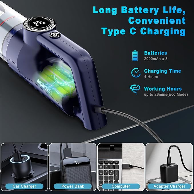 Handheld Vacuum Cordless - Car Vacuum Cleaner with Brushless Motor, 15kPa Powerful Suction Vacuum with LED Light, Type C