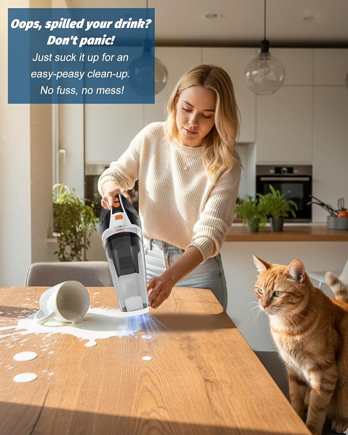 Handheld Vacuum Cordless, Car Vacuum Cleaner with Powerful Suction, 2 Modes Mini Hand Vacuum, Dry & Wet, LED Light, Portable