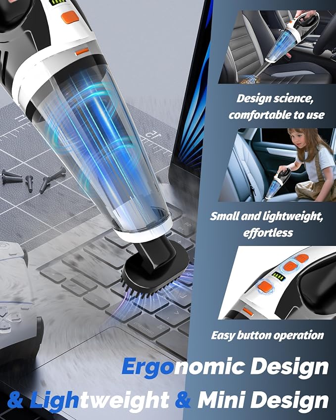 Handheld Vacuum Cordless, Car Vacuum Cleaner with Powerful Suction, 2 Modes Mini Hand Vacuum, Dry & Wet, LED Light, Portable