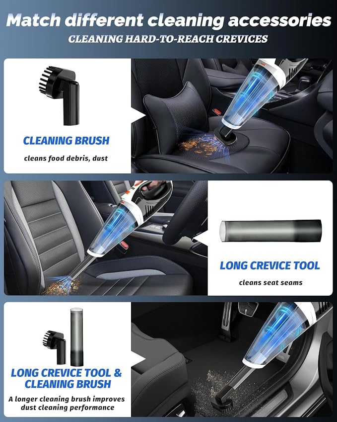 Handheld Vacuum Cordless, Car Vacuum Cleaner with Powerful Suction, 2 Modes Mini Hand Vacuum, Dry & Wet, LED Light, Portable