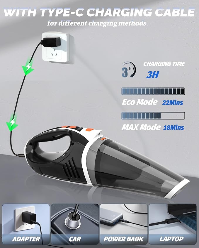 Handheld Vacuum Cordless, Car Vacuum Cleaner with Powerful Suction, 2 Modes Mini Hand Vacuum, Dry & Wet, LED Light, Portable