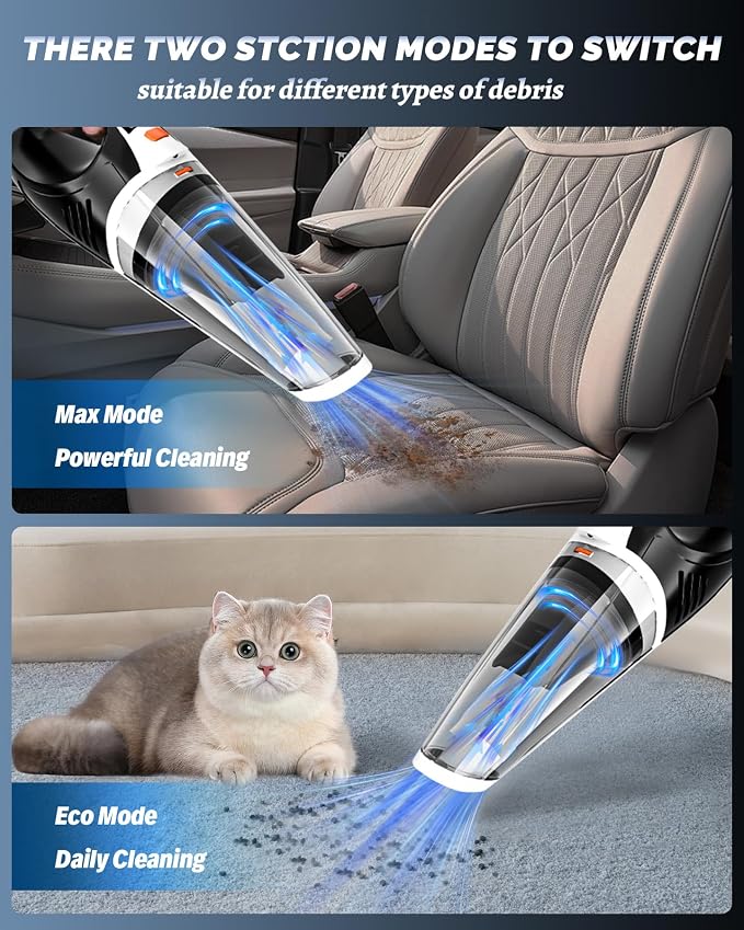 Handheld Vacuum Cordless, Car Vacuum Cleaner with Powerful Suction, 2 Modes Mini Hand Vacuum, Dry & Wet, LED Light, Portable