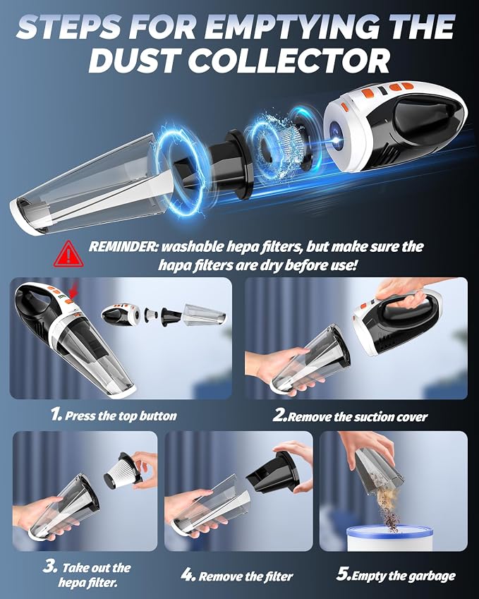 Handheld Vacuum Cordless, Car Vacuum Cleaner with Powerful Suction, 2 Modes Mini Hand Vacuum, Dry & Wet, LED Light, Portable